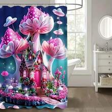 Juego de 1/4 piezas de cortina de ducha con estampado de castillo de setas rosas, cortina de ducha impermeable con ganchos, alfombra antideslizante, alfombra para tapa de inodoro y alfombra en forma de U, juego decorativo completo para el baño, accesorios de baño