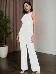 女式无袖亮片阔腿连体衣长款连体裤高弹力派对装，带拉链 - 白色 - 查看 3