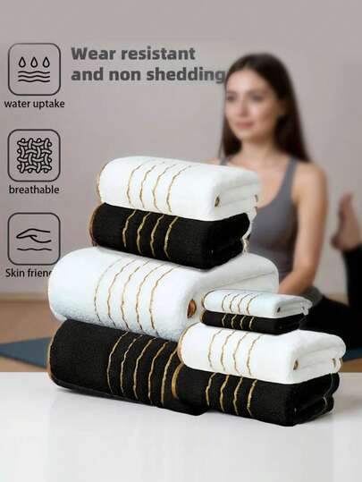 8pcs Towel Set - Gold Stripe Embroidery Pattern [2 Face Towels + 4 Hand Towels + 2 Bath Towels], Super Soft Microfiber Material, Thick, Absorbent And Quick-Drying, Ideal For Home, Shower, SPA, Sauna, Gym, Hotel Use, Great Christmas Party Gift