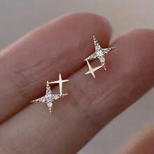 Retro Chic Double Star Stud Earrings With Synthetic Zirconia - Perfect For Proposals, Engagements, And Parties - Copper Nickel-Free Design - Ideal Gift For Women, Accessories - 銀色 - 查看 1