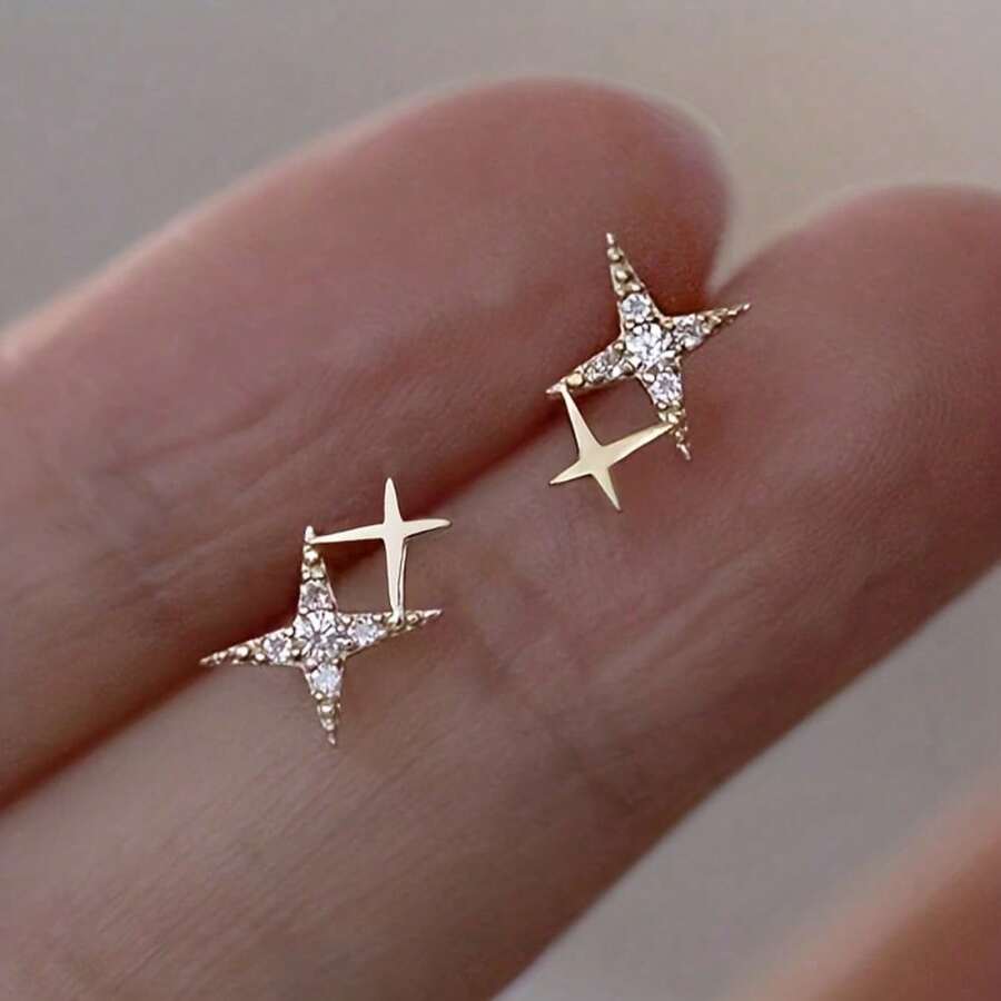 Retro Chic Double Star Stud Earrings With Synthetic Zirconia - Perfect For Proposals, Engagements, And Parties - Copper Nickel-Free Design - Ideal Gift For Women, Accessories - 銀色 - 查看 1