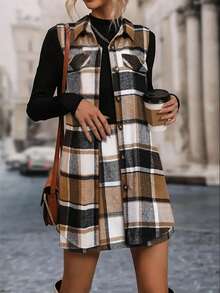 1 Set Plaid Casual Front Button Pocket Women 2 Pieces Outfit, Suitable For Spring And Autumn - Multicolor - View 5