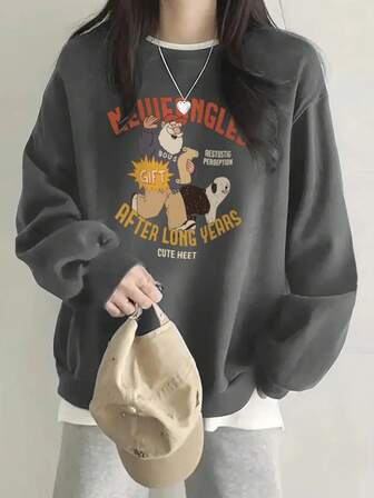 Women's Y2K Cotton Casual Black & Grey Raglan Sleeve Cartoon Letter Print Loose Comfortable Everyday Commute Homewear Crew Neck Sweatshirt