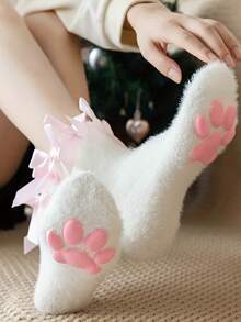 1/2 Par Meias de Coral Fleece com Laço em Formato de Pata de Gato 3D para Mulheres, Chinelos Confortáveis, Adequados para Uso Doméstico no Outono/Inverno, Meias para Dormir