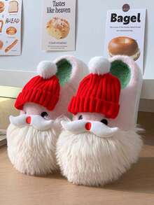 1 双青少年圣诞老人节日保暖内衬平底休闲家居拖鞋，秋冬保暖 - 紅白色 - 查看 12