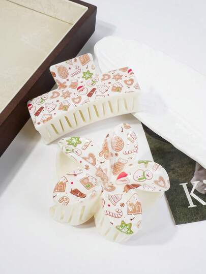 2 pezzi Clip rettangolari per capelli con stampa di pupazzo di neve e fiocchi di neve rosso e verde, design minimalista ed elegante con motivo traforato, adatte per acconciature raccolte da donna, accessori per capelli rettangolari versatili e di grandi dimensioni, regalo ideale per Capodanno, per occasioni casual e uso quotidiano