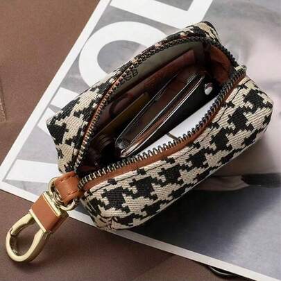 千鸟格图案钥匙扣 通用汽车钥匙包 简约时尚 大容量腰包 多功能拉链零钱包和卡包 小巧便携 适合日常使用 女士钱包 迷你钱包 钱包 钱包 钥匙扣