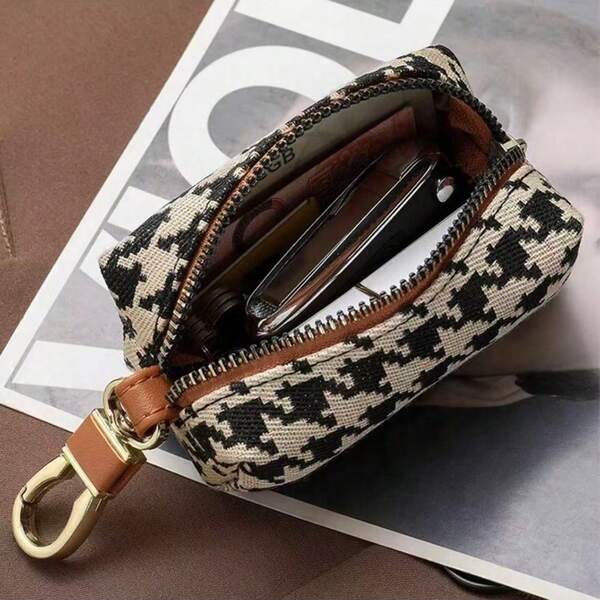 千鸟格图案钥匙扣 通用汽车钥匙包 简约时尚 大容量腰包 多功能拉链零钱包和卡包 小巧便携 适合日常使用 女士钱包 迷你钱包 钱包 钱包 钥匙扣