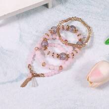 4Pcs/Set Fashion Boho-Chic Multi-Layer Tassel Colorful Beaded Bracelet With Stretchy Elastic Cord Crystal Pendants Bracelets Perfect For Casual Attire & Gifting, Bohemian, Creative, Ladies - 粉色 - 查看 2
