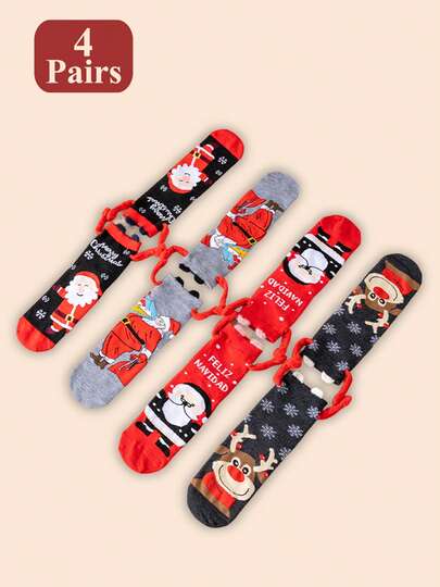 4 Pairs Couple's Cute Cartoon Santa Claus & Reindeer Christmas Mid-Calf Socks, Autumn/Winter