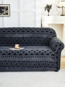 1pc Cationic Soft Plush Fabric Pet Proof Sofa Cover, Embossed Plush Jacquard Striped Pattern, Deep Gray Multi-Color, Thick Jacquard Plush Sofa Cover Suitable For 1/2/3/4 Seat Sofa, Autumn/Winter
