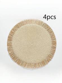 1pc/4pcs/6pcs/8pcs Khaki/Beige Round Woven Rattan Double Color Tassel Placemats, Heat Resistant Non-Slip Kitchen Table Mats, Insulation Pads, Table Decor For Party Dinner - Beige - View 14