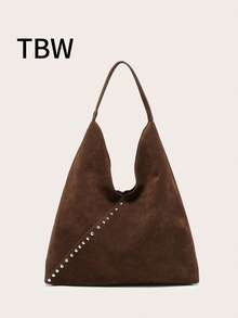 Ladies' Shoulder Bag, Tote Bag, Brown Suede, Large Capacity With Studded Decoration, Vintage And Versatile Commuting Style, Suitable For Outings In Autumn And Winter. - Brown - View 1