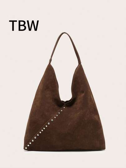 Ladies' Shoulder Bag, Tote Bag, Brown Suede, Large Capacity With Studded Decoration, Vintage And Versatile Commuting Style, Suitable For Outings In Autumn And Winter.