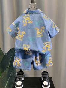 H HIBOBI 2pcs/Set Baby Boys' Summer Bear Print Short Sleeve Shirt And Shorts Set
