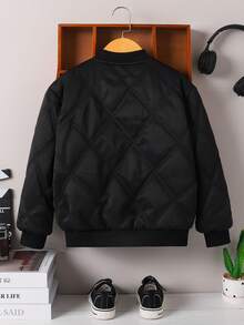 Boys' Retro Minimalist Ribbed Long Sleeve Crew Neck Jacket, Thermal Lined Casual Outerwear For Kids, Autumn/Winter - Black - View 2