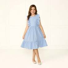 Baby Blue Inverted Stripe Dress For Girls With Ruffle Sleeves And Round Skirt For Everyday Party Wedding - 藍色 - 查看 13