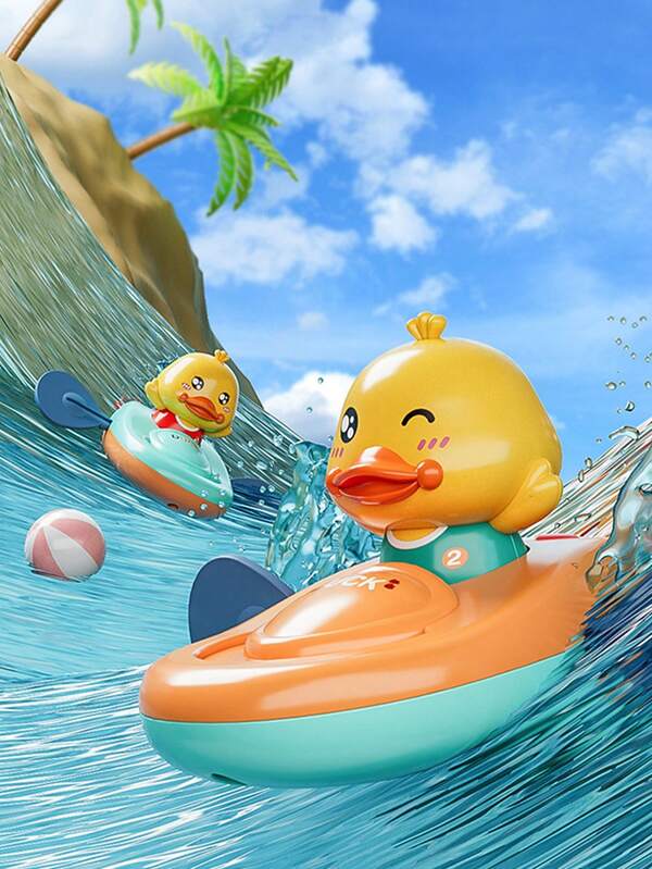 1pc Baby Bath Toy Rowing Boat With Small Yellow Duck, Interactive Parent-Child Toy, Random Color Accessories