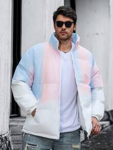 Men's Gradient Color Stand-Up Collar Faux Down Jacket, Loose And Warm Long-Sleeved Stand-Up Collar Down Jacket, Winter Gift