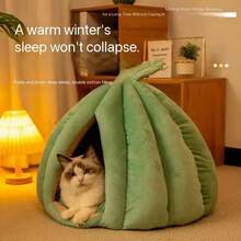 1pc New Thickened Pumpkin Shaped Cat Bed, Green Small Tent Cat Bed Suitable For Cats And Small Dogs, Warm And Semi-Enclosed, Removable And Washable, Cute Christmas Gift - Green - View 2