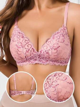 Lace Floral Pattern Bra, French Lingerie, Sexy Lace Back Support, Wireless Adjustable Push-Up Bra