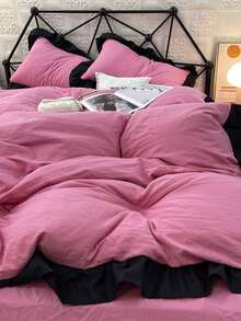 Set Sprei Lembut 3 Buah (1 Sarung Selimut + 2 Sarung Bantal), Warna Krem Merah Muda dengan Hiasan Rumbai, Cocok untuk Kamar Tidur & Kamar Tamu, Sepanjang Musim, Dapat Dicuci dengan Mesin - Hot Pink - View 2