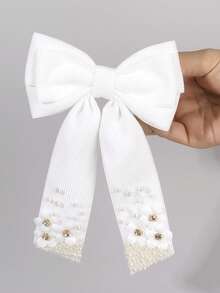 1pc White Corduroy Bow Hair Clips For Girls, Elegant Pearl Flower Corduroy Hair Barrettes, Alligator Clips, Soft Daily Wear Hairpins, Teens Hair Accessories