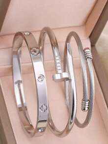 3PCS Fashion 18K Gold-Plated Stainless Steel Four-Leaf Clover Nail Bracelet, Suitable For Women's Parties, Daily Wear, European And American Style, Personalized, Generosity, Luxury Cubic Zirconia Band, Wedding Jewelry Set, Gift For Girls, Ladies, Relatives, Friends, Beautiful Wedding, Birthday, Valentine's Day, Mother, Mother's Day