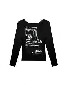 Women's Casual Slogan Print Fitted Long Sleeve T-Shirt - Black - View 2