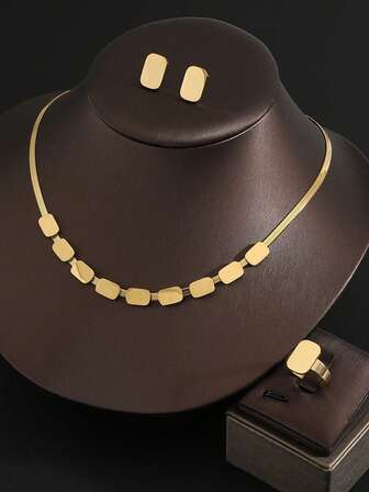 1 Set de Joyería para Mujer de 3 Piezas de Acero Inoxidable Dorado Pulido, que incluye 1 Collar, 1 Anillo, 1 Par de Aretes, Resistente a la Decoloración, Adecuado para Bodas, Fiestas, Regalos de Fiesta