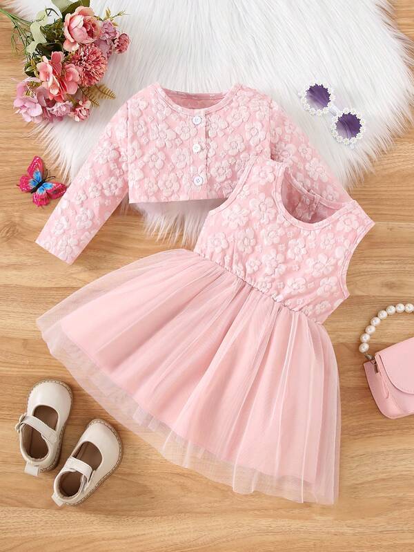 2pcs/Set Adorable Little Girls Autumn Winter Floral Print Round Neck Long Sleeve Button Jacket And Round Neck Sleeveless Off-Shoulder Dress (Dress With Back Button Closure), Stylish Outfit