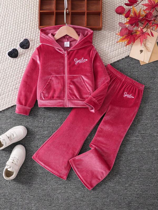 2pcs/Set Girls Outdoor Casual Solid Color Letter Embroidery Hooded Long Sleeve Zipper Pocket Sweatshirt And Elastic Waist Flared Long Pants, Spring Outfit For Toddler & Little Kids