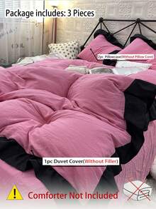 Set Sprei Lembut 3 Buah (1 Sarung Selimut + 2 Sarung Bantal), Warna Krem Merah Muda dengan Hiasan Rumbai, Cocok untuk Kamar Tidur & Kamar Tamu, Sepanjang Musim, Dapat Dicuci dengan Mesin - Hot Pink - View 9