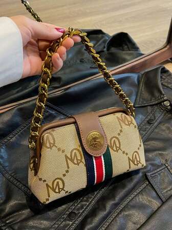 New Fashionable Women's Square Handbag With Pattern Printing And Striped Fabric Decoration, Chain Handle, Adjustable Long Shoulder Strap, Magnetic Buckle Opening And Closing Design. Suitable For Daily Shopping, Commuting, And Vacation.