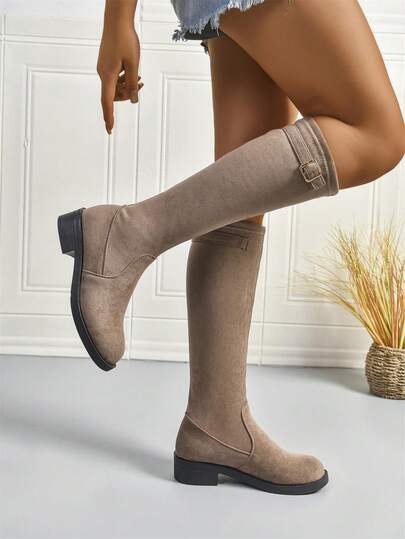 Women's Elastic Round Toe Knee-High Boots, New Autumn Minimalist Style, Simple Buckle Decor, Slimming & Elongating, Versatile & Comfortable Fabric Boots