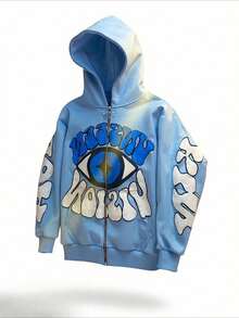 Men's Sky Blue Zipper Cardigan Hoodie UNSEEN VISION Eye Pattern Autumn Hip-Hop Fashion Jacket For Women Halloween Gifts - Màu xanh bụi bặm - Xem 4