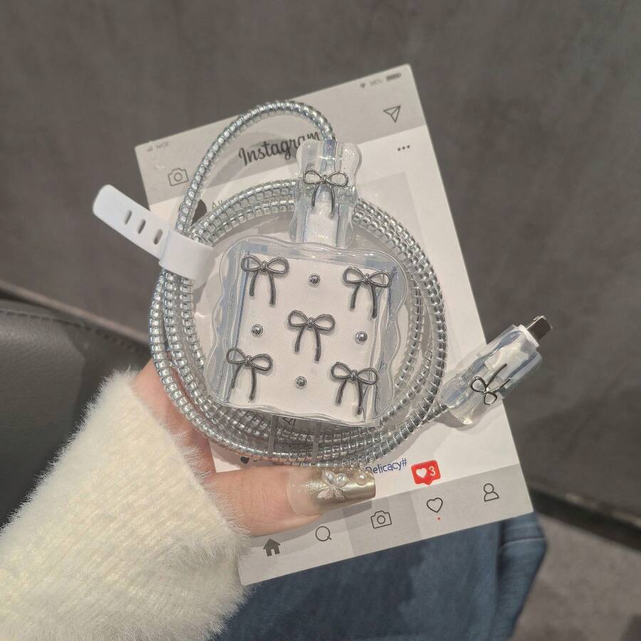 5pcs/Set Silver Butterfly Bead Style Cable Protector Sleeve, Compatible With Apple Data Cable, 18-20W Charger, Anti-Breakage And Scratch Protection