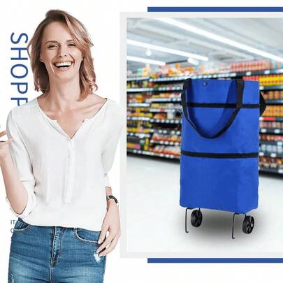 2pcs Portable Foldable Grocery Shopping Cart With Wheels, Lightweight Hand Trolley With Backpack Bag, Suitable For Delivery, Shopping, Household, Fashionable, Waterproof, With Zipper Outdoor Decor