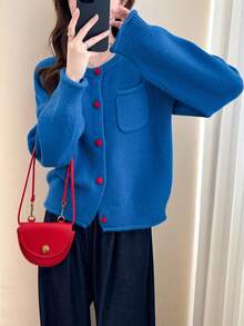 Alicedudu Women's Casual Minimalist Korean Style Contrast Color Button Design Round Neck Sweater Cardigan, Autumn/Winter - Blue - View 1