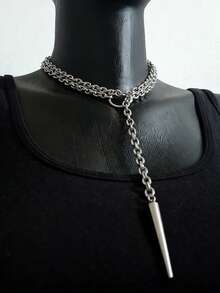 朋克耳钉项链，哥特式珠宝，蝙蝠，夸张，嬉皮，Y2K，夜店，O 形环，设计感，男女颈链 - 銀色 - 查看 3