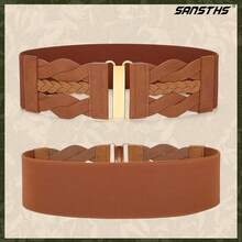 Vintage Stretchy Wide Elastic Belt With Gold Buckle For Women - Navy Blue - View 2