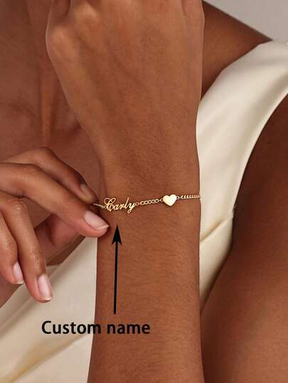 1pc Customizable Personalized Love Name Bracelet, Stainless Steel Jewelry, Customizable, Engraved With Heart, High Quality Cuban Chain, Bracelet, Women's Bracelet, Gift For Girlfriend, Personalized Gift, Gift For Boyfriend, Custom Bracelet, Jewelry Women, Elegant Women's Jewelry, Luxury Gift For Halloween, Christmas, Birthday, Mother's Day Or Valentine's Day