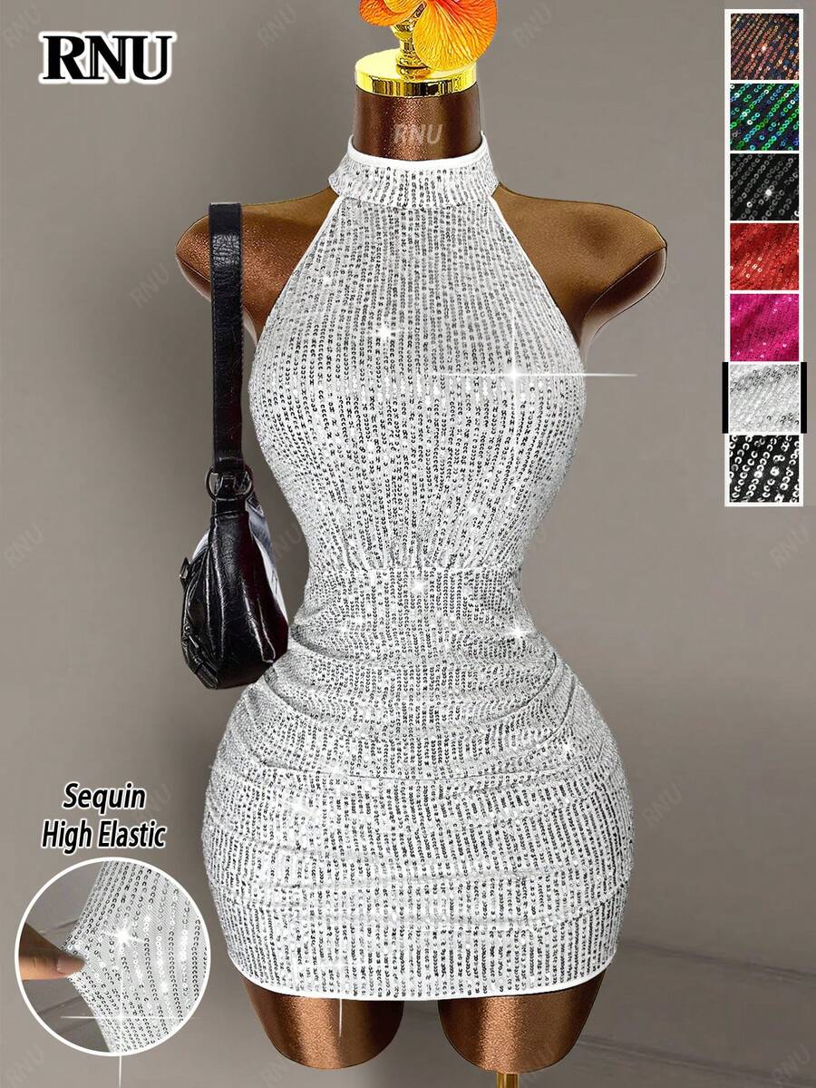 RNU 彩色亮片露背弹力性感紧身连衣裙，适合约会、嘉年华、派对、夜店、街头、情人节、新年、生日，春夏秋冬皆宜。 - 銀色 - 查看 1