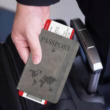 RSAquar Porta Pasaporte para Mujeres y Hombres, Cartera de Pasaporte de Viaje de Cuero PU Premium con Bloqueo RFID Funda para Pasaporte Organizador de Documentos de Viaje, Azul Oscuro Patrón - Gris Claro - Ver 8