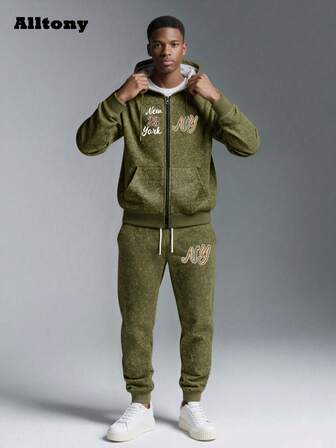 Alltony 男士个性化字母印花轻便运动套装，长袖连帽夹克，带口袋和抽绳运动裤 2 件套，时尚休闲装，适合街头服饰、跑步、旅行、户外、通勤、春秋季