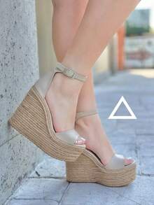 Sandalias de plataforma alta de yute con correa al tobillo  Casual - Beis - Ver 2