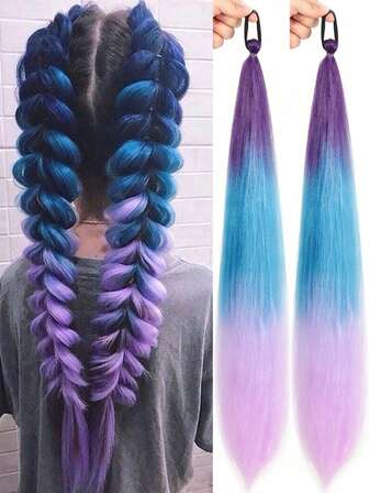 1-2pcs 26 Inch Purple, Blue, Pink DIY Braiding Hair Extensions | Women Synthetic Yaki Straight Heat Resistant Fluffy Ponytail | Suitable For Halloween, Christmas, Holiday Parties
