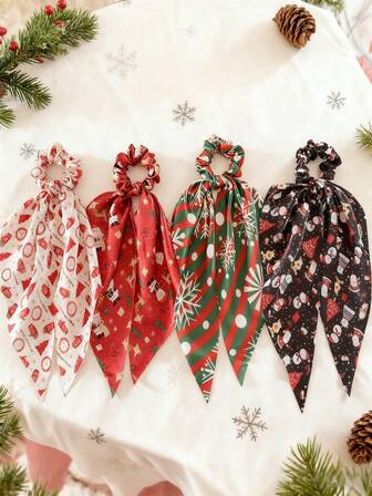 4 piezas Scrunchies con moño de tela de lentejuelas a lunares navideños, en combinación de colores navideños clásicos rojo y verde, adecuados para fiestas y eventos, elegantes accesorios de moda para el cabello de mujer, sujetadores de cabello
