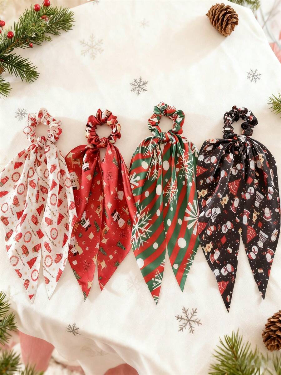 4 pièces Éléments de Noël en tissu : Père Noël, sapin de Noël, flocon de neige, nœud rayé. Chouchous, bandeaux, accessoires parfaits pour les fêtes, décoration élégante et bohème pour les fêtes, élastiques à cheveux, chouchous, accessoires pour queue de cheval