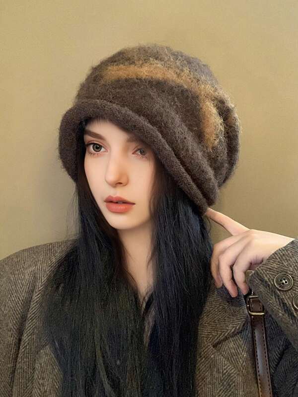 1 pieza Gorro de punto coreano grueso y versátil con lazo, gorro de punto cálido y a prueba de viento para otoño/invierno, circunferencia de cabeza grande, adecuado para caminar al aire libre, esquiar, ciclismo, compras, uso diario